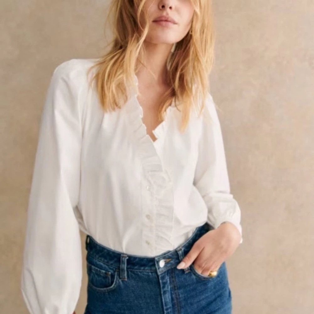 Sezane Rosine White Cotton Shirt Ruffled V-Neck Small